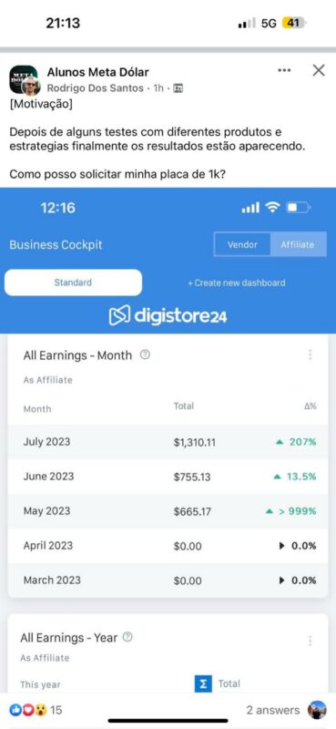 Curso Meta Dolar depoimento e resultados prints de alunos