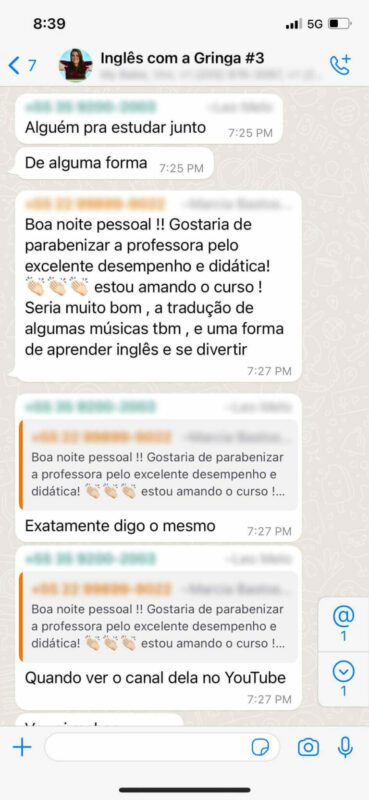 Inglês com a Gringa depoimento e resultados prints de alunos