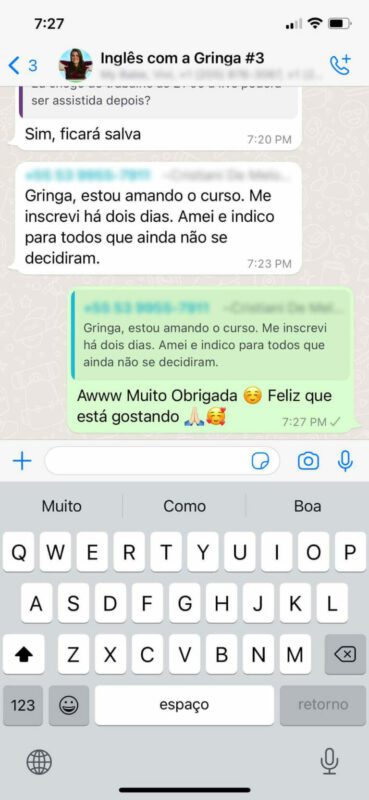 Inglês com a Gringa depoimento e resultados prints de alunos