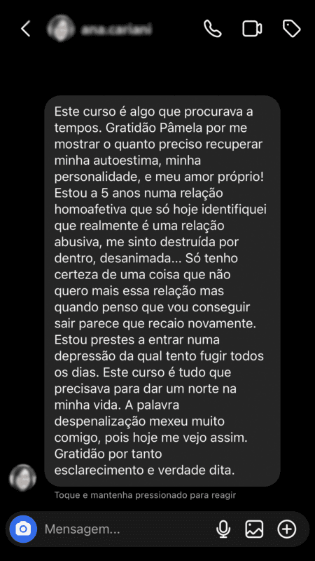 Curso Ame Amar - A Cura das Relações depoimento e resultados prints de alunos