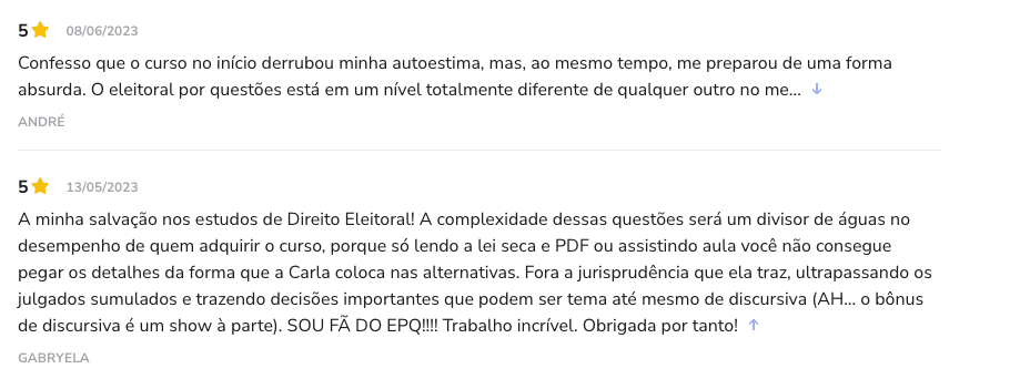 Curso Eleitoral por Questões depoimento e resultados prints de alunos