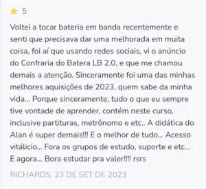 Curso Lapidando Bateristas 2.0 depoimento e resultados prints de alunos