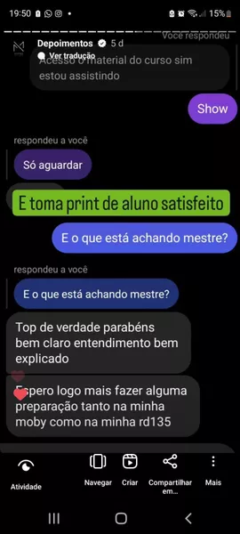 Curso Mestre em 2 tempos depoimento e resultados prints de alunos