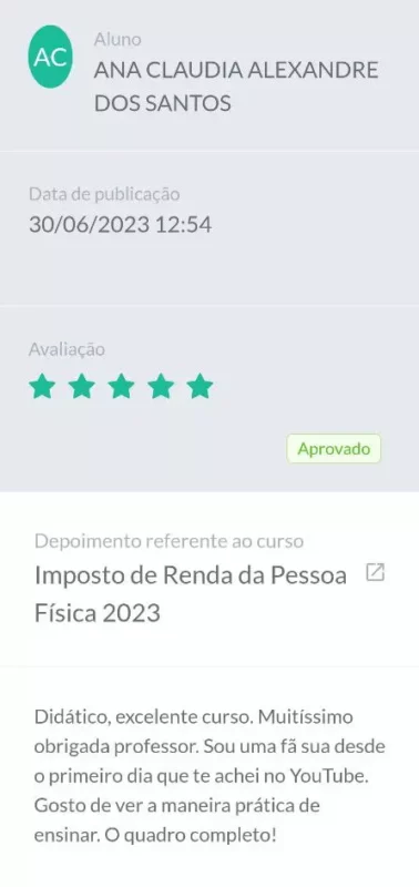 Curso de Imposto de Renda da Pessoa Física 2024 depoimento e resultados prints de alunos