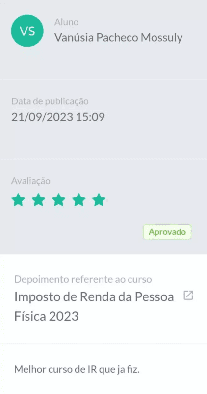 Curso de Imposto de Renda da Pessoa Física 2024 depoimento e resultados prints de alunos