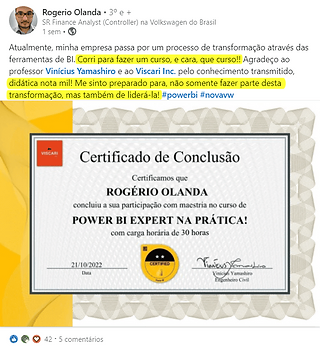 Curso de Excel + Power BI da Viscari depoimento e resultados prints de alunos