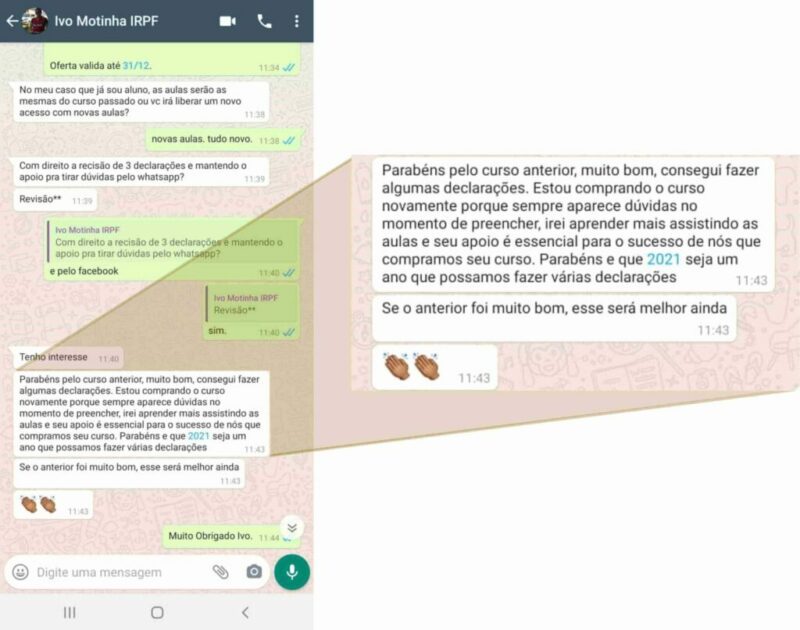 Curso IRPF 2024 - Aprenda e Ganhe Dinheiro depoimento e resultados prints de alunos