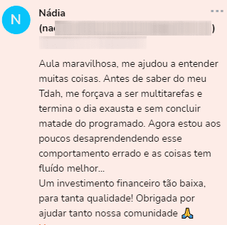 Clube TDAH em Ação depoimento e resultados prints de alunos