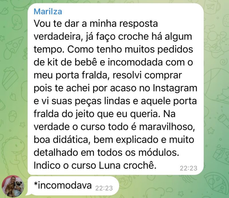 Método Luna Crochê depoimento e resultados prints de alunos