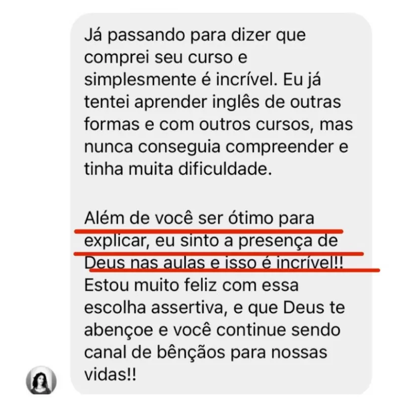 Curso Inglês com a Bíblia e Louvores depoimento e resultados prints de alunos