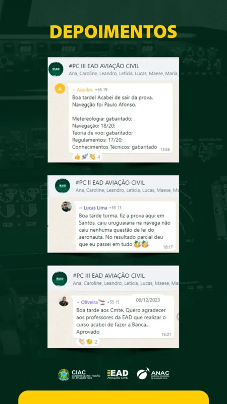 Curso Piloto Comercial IFR Teórico - PCA depoimento e resultados prints de alunos