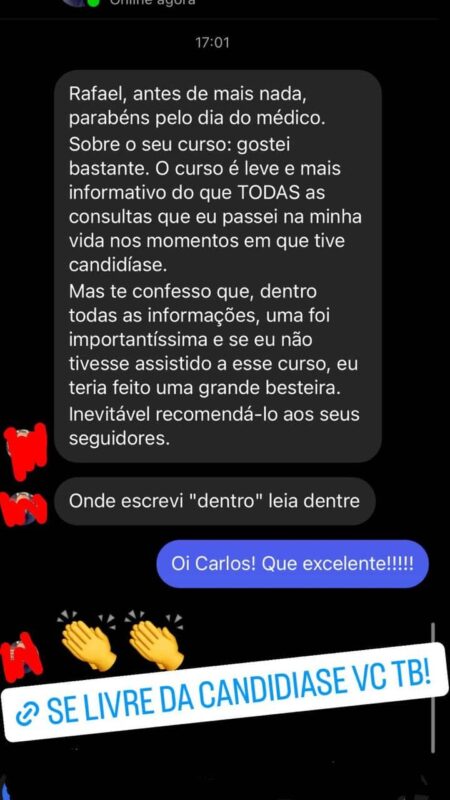 Domesticando a candidíase de vez depoimento e resultados prints de alunos