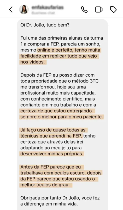 Formação Especialista em Preenchimento depoimento e resultados prints de alunos