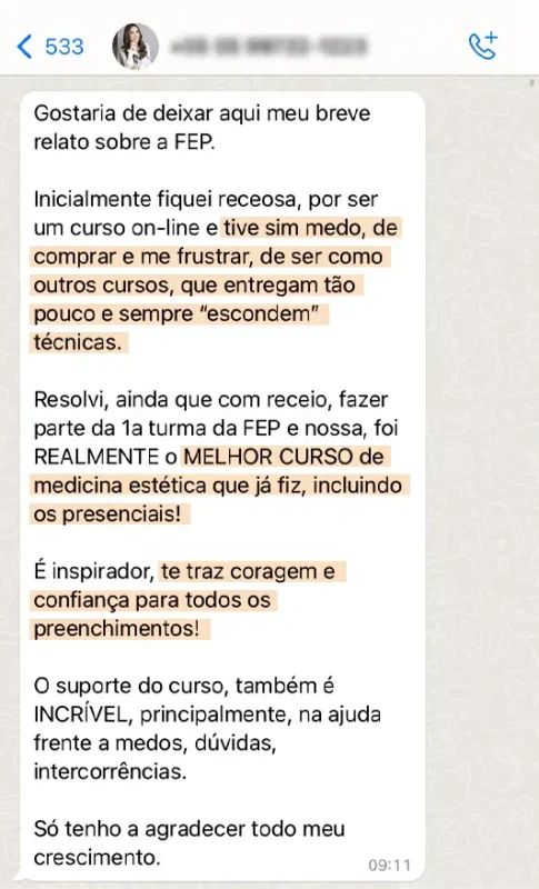 Formação Especialista em Preenchimento depoimento e resultados prints de alunos