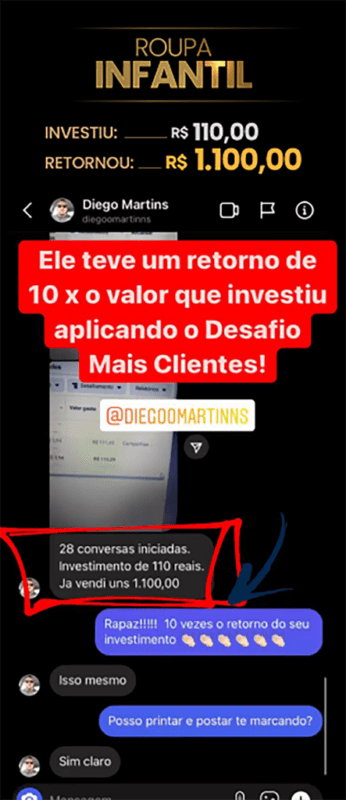 Método Mais Clientes depoimento e resultados prints de alunos