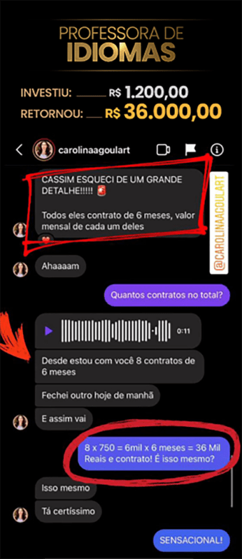 Método Mais Clientes depoimento e resultados prints de alunos