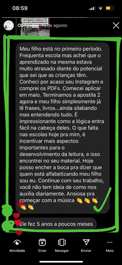 Apostila de Alfabetização BCV  depoimento e resultados prints de alunos
