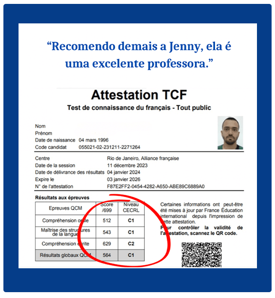 Curso Dominando o francês -  Do zero ao nível B2 (CLB7) depoimento e resultados prints de alunos