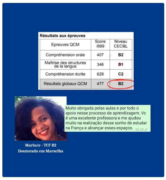 Curso Dominando o francês -  Do zero ao nível B2 (CLB7) depoimento e resultados prints de alunos