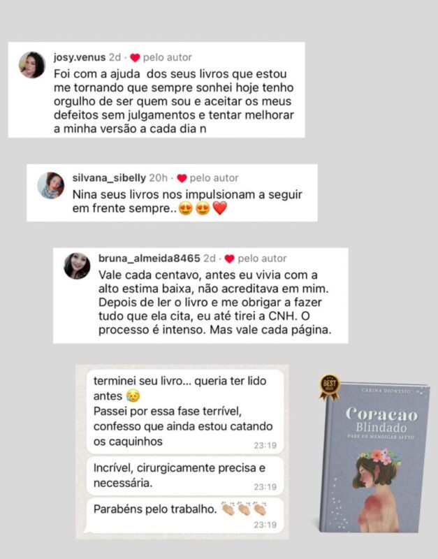 Livro Coração Blindado: Pare de mendigar afeto depoimento e resultados prints de alunos