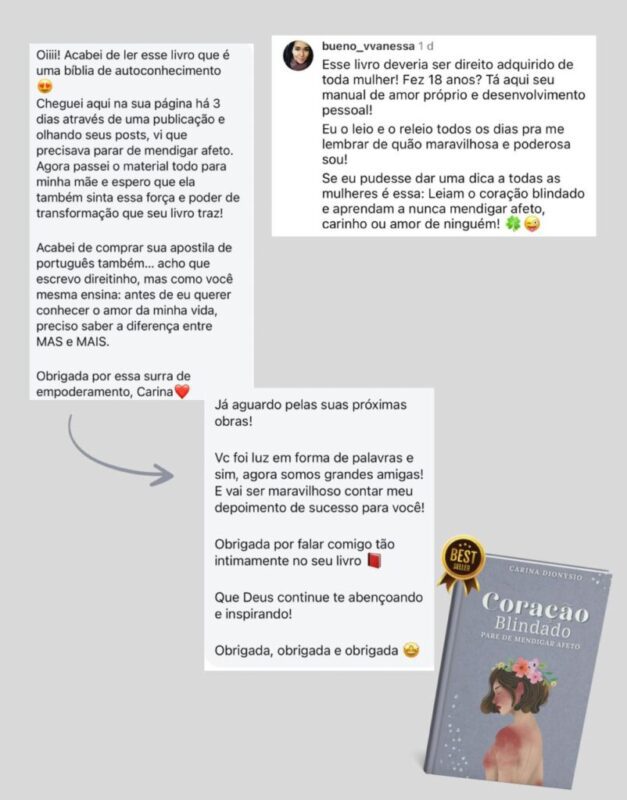 Livro Coração Blindado: Pare de mendigar afeto depoimento e resultados prints de alunos