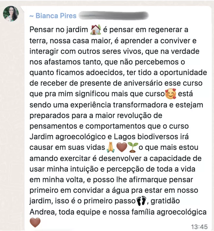 Curso O Maravilhoso Mundo dos Jardins Agroecológicos depoimento e resultados prints de alunos