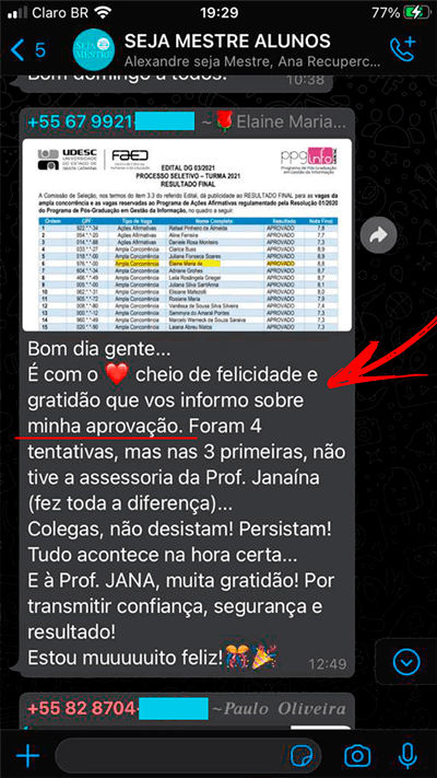 Curso Seja Mestre depoimento e resultados prints de alunos