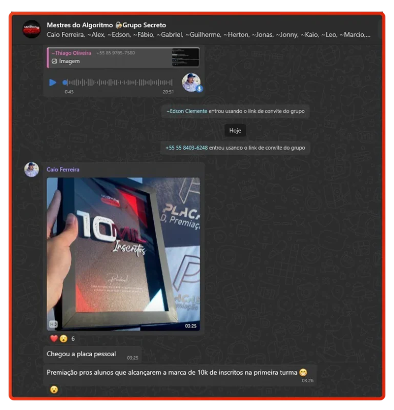 Mestres do Algoritmo - Profissão Youtuber depoimento e resultados prints de alunos