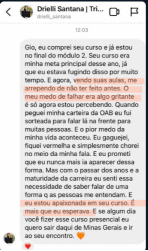 Orátole - Formação em Oratória Jurídica depoimento e resultados prints de alunos