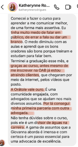 Orátole - Formação em Oratória Jurídica depoimento e resultados prints de alunos