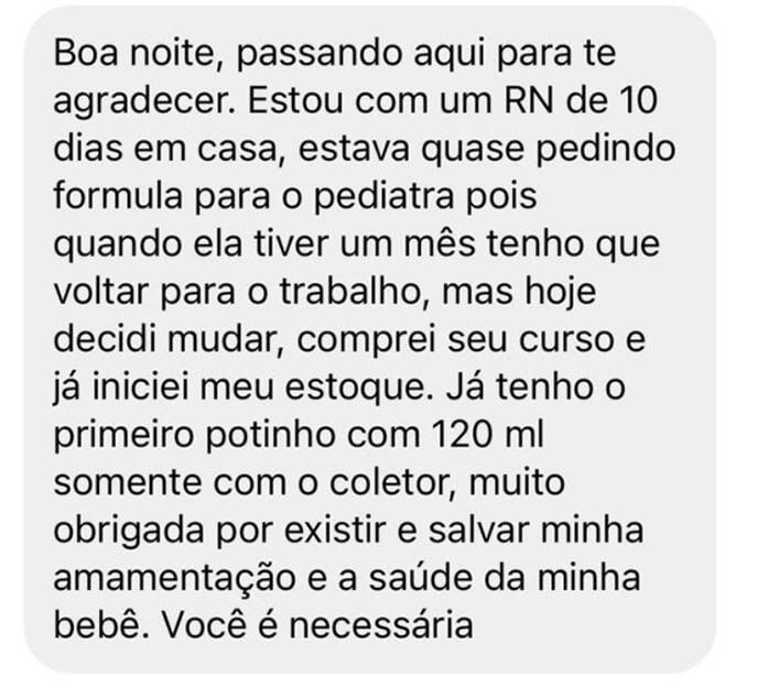 Curso Como Aumentar a Produção de Leite Materno depoimento e resultados prints de alunos