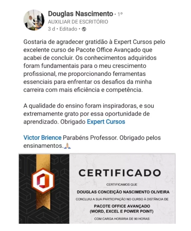 Formação Pacote Office e Power BI depoimento e resultados prints de alunos