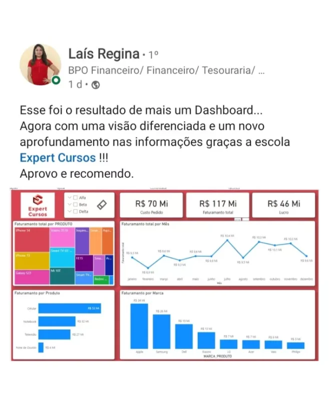 Formação Pacote Office e Power BI depoimento e resultados prints de alunos