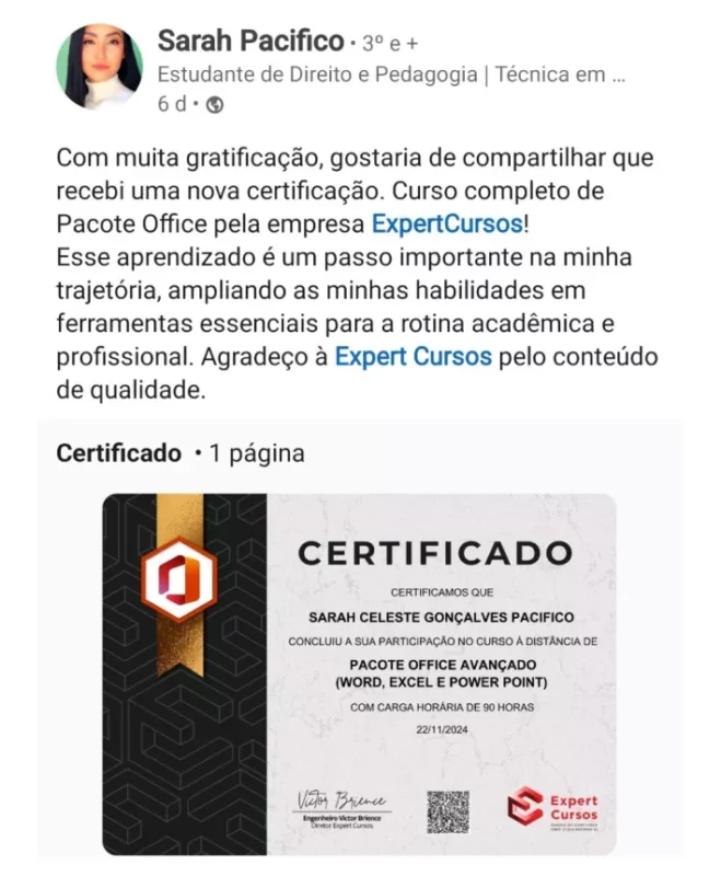 Formação Pacote Office e Power BI depoimento e resultados prints de alunos