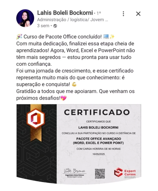 Formação Pacote Office e Power BI depoimento e resultados prints de alunos