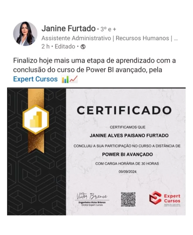Formação Pacote Office e Power BI depoimento e resultados prints de alunos